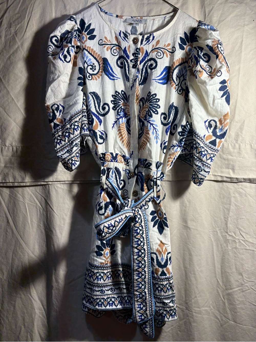Avara Carmen Printed Tie Belt Romper. Size M